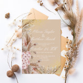 Boho Pampas Grass Flowers Dusty Golden Wedding Kaart