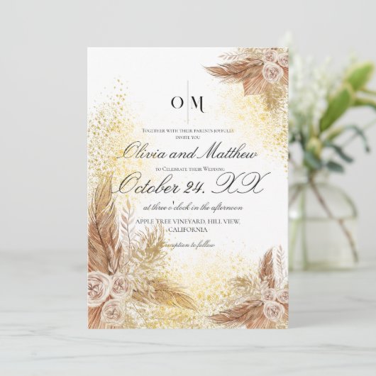 Boho Pampas Grass Flowers Script Wedding Kaart (Staand voorkant)