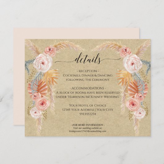 Boho Pampas Grass Foliage Kraft Wedding Details Kaart (Voorkant / Achterkant)