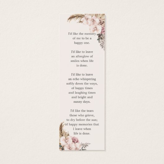 Boho Pampas Grass Foto Begrafenis Herdenking Bladw Mini Visitekaartjes (Achterkant)