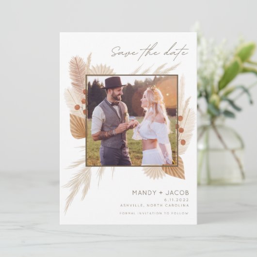 Boho Pampas Grass Foto Wedding Save the Date (Staand voorkant)