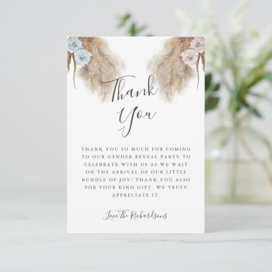 Boho Pampas Grass Gender Reveal Party Bedankkaart (Staand voorkant)