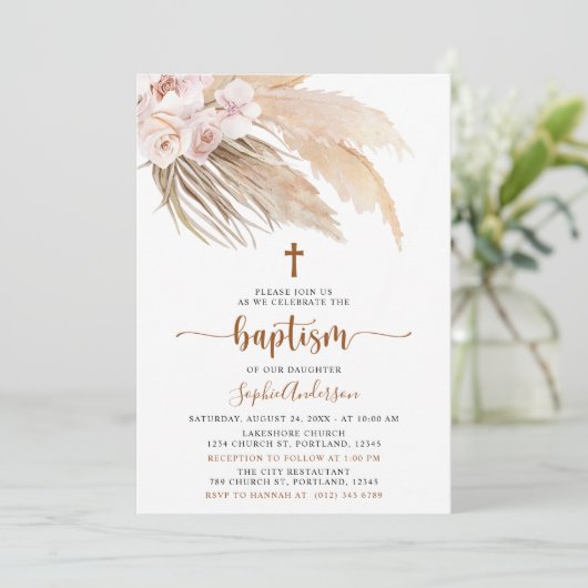 Boho Pampas Grass Girl Baptism Invitation Kaart (Staand voorkant)