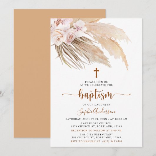 Boho Pampas Grass Girl Baptism Invitation Kaart (Voorkant / Achterkant)