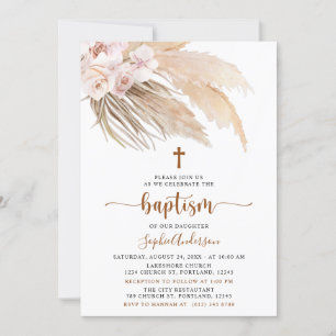 Boho Pampas Grass Girl Baptism Invitation Kaart