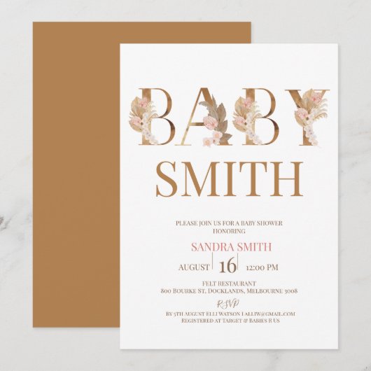 Boho Pampas Grass Girls Baby Word Baby shower Kaart (Voorkant / Achterkant)