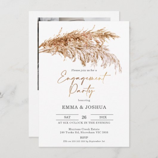 Boho Pampas Grass Gold Calligraphy Verloving Kaart (Voorkant / Achterkant)