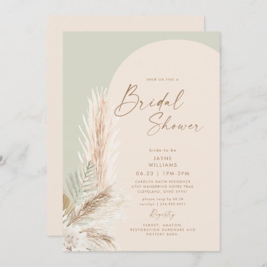 Boho Pampas Grass Gold Geometric Sage Bridal Kaart (Voorkant / Achterkant)