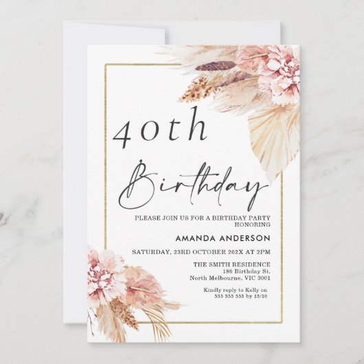 Boho Pampas Grass Gold Lijst Birthday Uitnodiging (Voorkant)