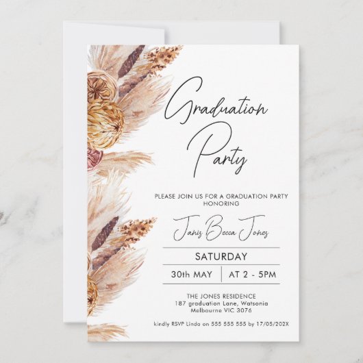 Boho Pampas Grass Graduation Party Invitation Kaart (Voorkant)