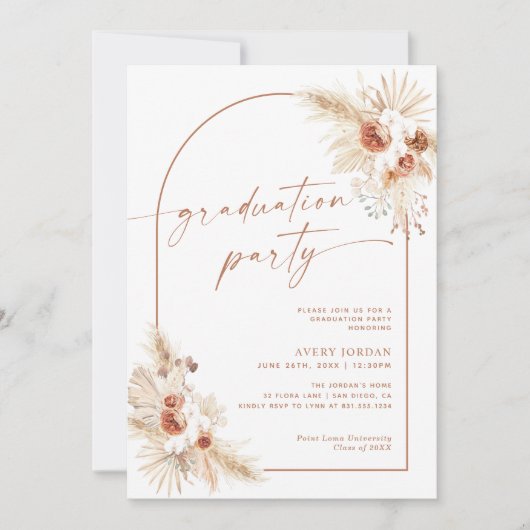 Boho Pampas Grass Graduation Party Invite Kaart (Voorkant)
