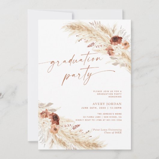 Boho Pampas Grass Graduation Party Invite Kaart (Voorkant)