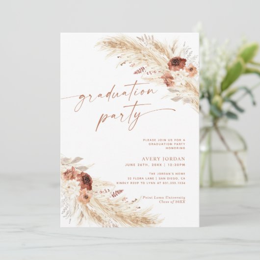 Boho Pampas Grass Graduation Party Invite Kaart (Staand voorkant)