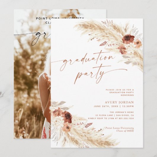 Boho Pampas Grass Graduation Party Invite Kaart (Voorkant / Achterkant)