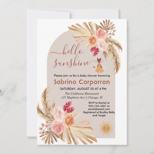 Boho Pampas Grass Hallo Sunshine girl baby shower Kaart (Voorkant)