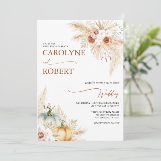 Boho Pampas Grass Herfst Pumpkin Weddenschap Kaart (Staand voorkant)