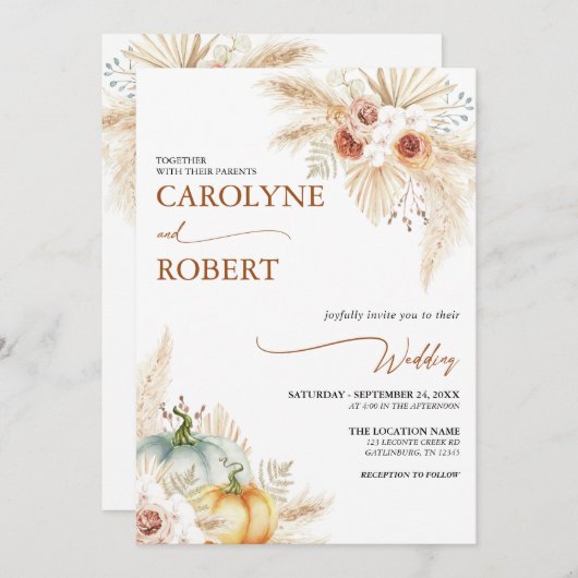 Boho Pampas Grass Herfst Pumpkin Weddenschap Kaart (Voorkant / Achterkant)