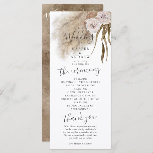 Boho Pampas Grass huwelijksceremonie programma Programmakaart (Voorkant / Achterkant)