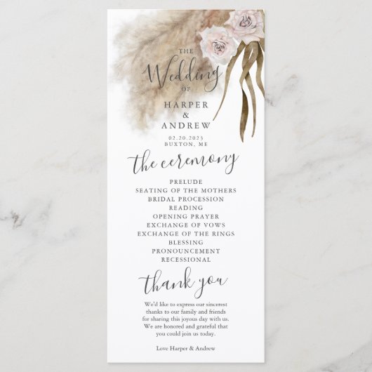 Boho Pampas Grass huwelijksceremonie programma Programmakaart (Voorkant)