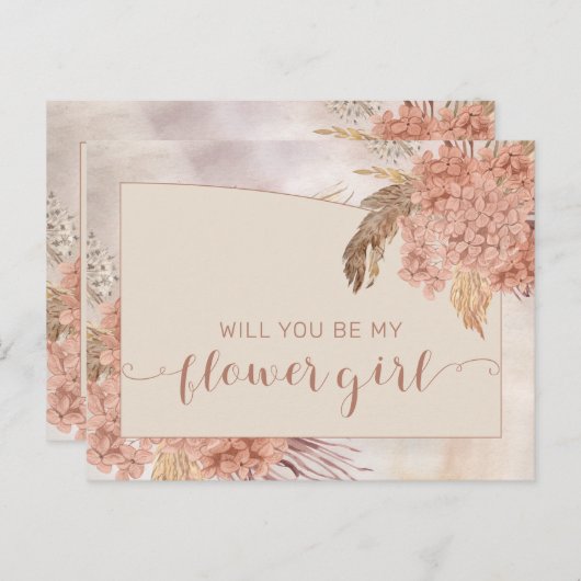 Boho Pampas Grass Hydrangea Bloemenmeisje aanvraag Uitnodiging Briefkaart (Voorkant / Achterkant)