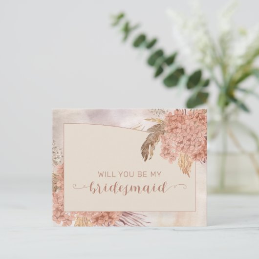 Boho Pampas Grass | Hydrangea Bridesmaid Request Uitnodiging Briefkaart (Staand voorkant)