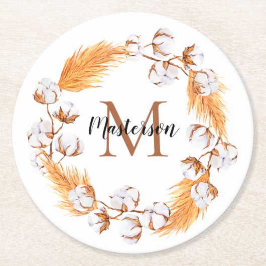 Boho Pampas Grass | Katoen borstMonogram Ronde Kartonnen Onderzetter (Voorkant)