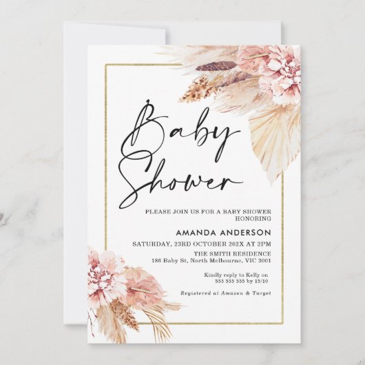 Boho Pampas Grass Lijst Baby shower Uitnodiging (Voorkant)