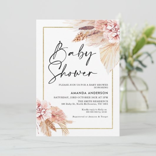 Boho Pampas Grass Lijst Baby shower Uitnodiging (Staand voorkant)