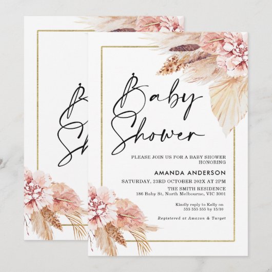Boho Pampas Grass Lijst Baby shower Uitnodiging (Voorkant / Achterkant)