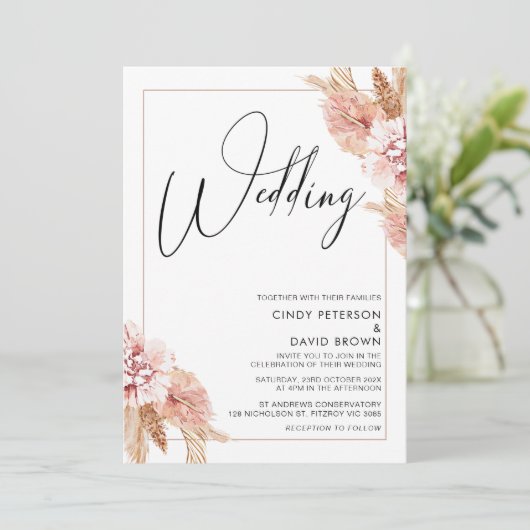 Boho Pampas Grass Lijst Calligraphy Wedding Kaart (Staand voorkant)