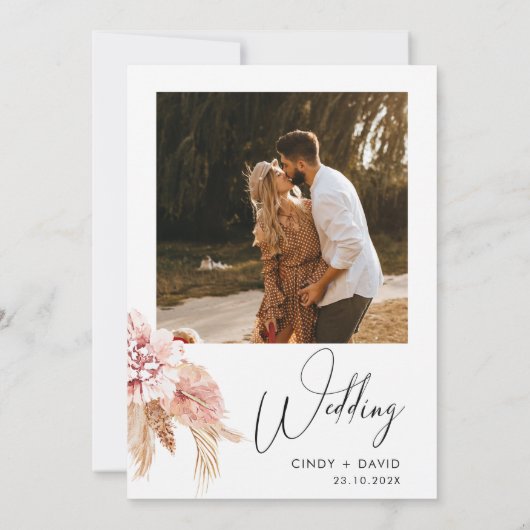 Boho Pampas Grass Lijst Calligraphy Wedding Kaart (Achterkant)