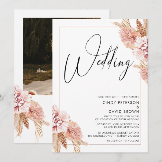 Boho Pampas Grass Lijst Calligraphy Wedding Kaart (Voorkant / Achterkant)
