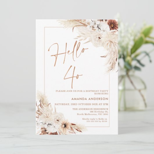 Boho Pampas Grass Lijst Hallo 40e verjaardag Kaart (Staand voorkant)