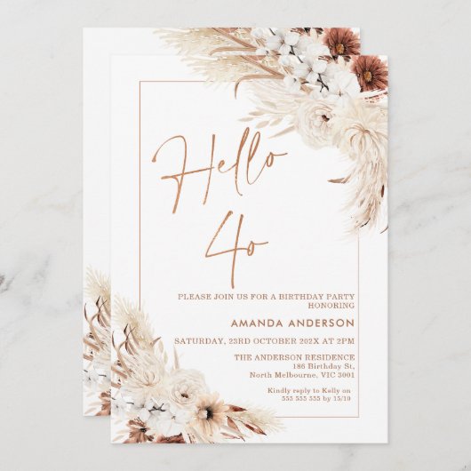 Boho Pampas Grass Lijst Hallo 40e verjaardag Kaart (Voorkant / Achterkant)