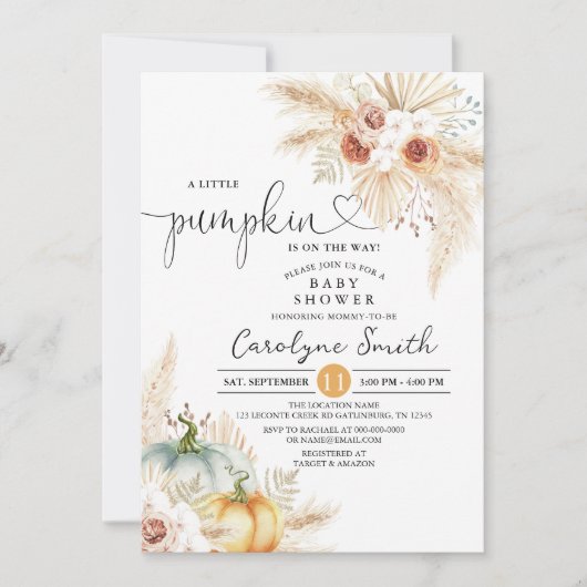 Boho Pampas Grass Little Pumpkin Baby shower Kaart (Voorkant)