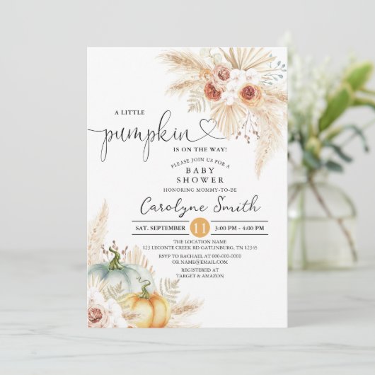 Boho Pampas Grass Little Pumpkin Baby shower Kaart (Staand voorkant)