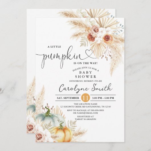 Boho Pampas Grass Little Pumpkin Baby shower Kaart (Voorkant / Achterkant)