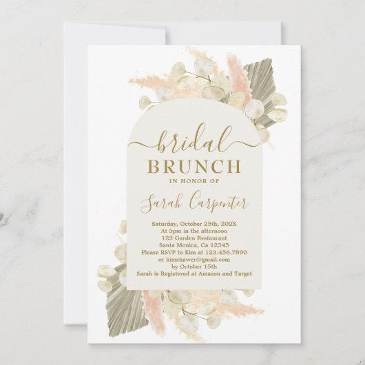 Boho Pampas Grass Lunaria Bridal Brunch Uitnodigin Kaart (Voorkant)