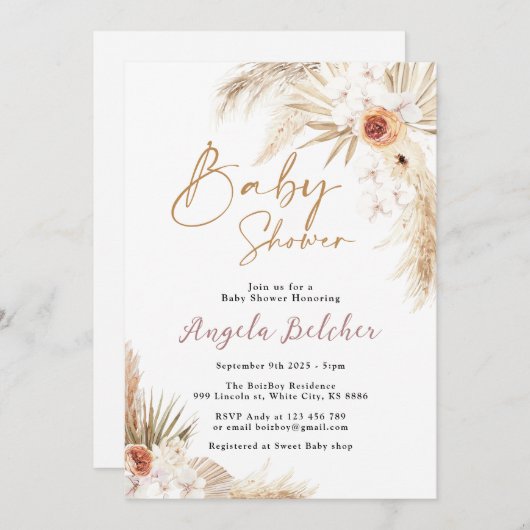 Boho pampas Grass Meisje Baby shower Kaart (Voorkant / Achterkant)