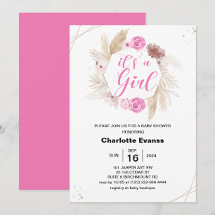 Boho Pampas Grass Meisje Roze Bloemen Baby shower Kaart