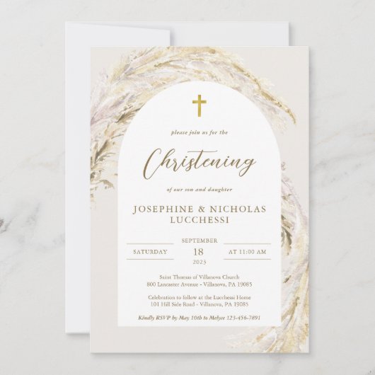 Boho Pampas Grass Modern Twins Christening Kaart (Voorkant)