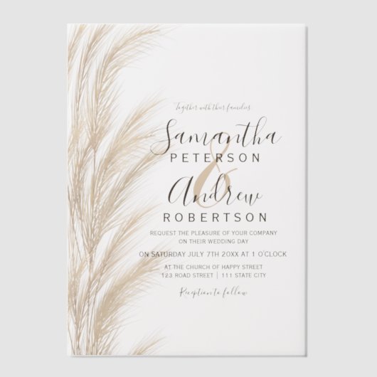 Boho Pampas Grass Moderne Boheemse bruiloft Vellum Uitnodigingen (Voorkant)