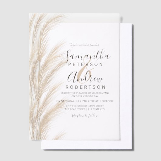 Boho Pampas Grass Moderne Boheemse bruiloft Vellum Uitnodigingen (Offset)