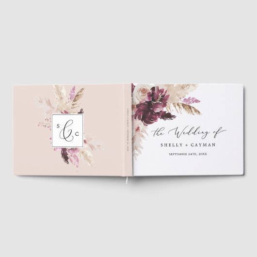 Boho Pampas Grass Monogram Ruwelijk Gastenboek (Volledig)