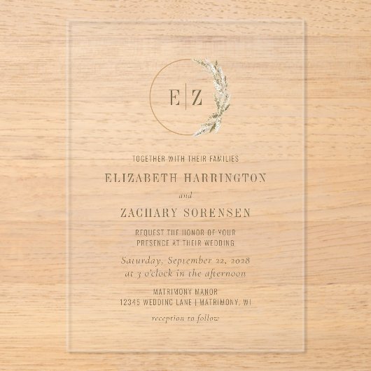 Boho Pampas Grass Monogram Wreath beige Wedding Acryl Uitnodigingen (Voorkant)