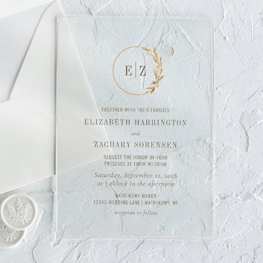 Boho Pampas Grass Monogram Wreath beige Wedding Acryl Uitnodigingen