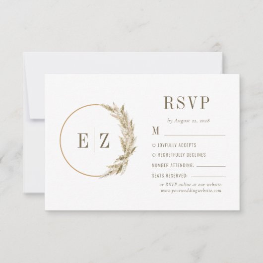 Boho Pampas Grass Monogram Wreath beige Wedding RSVP Kaartje (Voorkant)