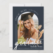 Boho Pampas Grass Navy Blue Arch Photo Afstuderen Kaart (Voorkant)