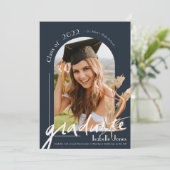 Boho Pampas Grass Navy Blue Arch Photo Afstuderen Kaart (Staand voorkant)