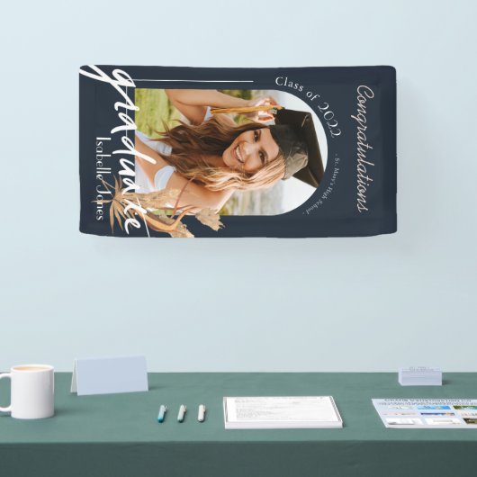 Boho Pampas Grass Navy Foto Afstuderen Banner (Beurs)